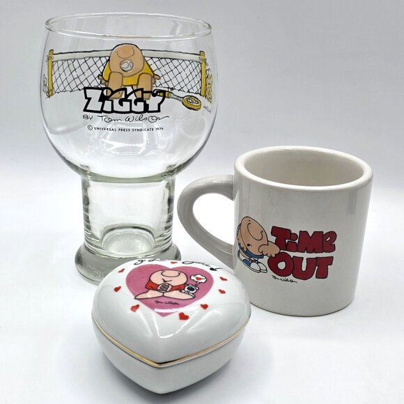 Vintage ZIGGY BY TOM WILSON COLLECTION of Coffee cup ~ Tennis Glass ~Trinket Box - Picture 2 of 14